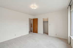 Unfurnished bedroom featuring light colored carpet, a closet, and baseboards