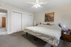 Bedroom featuring carpet flooring, baseboards, a closet, and ceiling fan