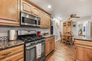 Kitchen featuring baseboards, dark stone counters, a ceiling fan, appliances with stainless steel finishes, and wood tiled floor