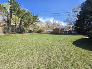 View of yard with an outbuilding, fence, and a shed