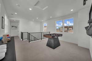 Rec room featuring light carpet, baseboards, and recessed lighting