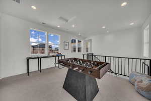 Game room with recessed lighting, carpet floors, and visible vents