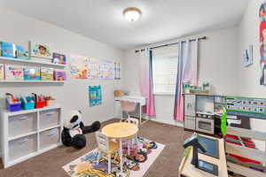 Recreation room featuring baseboards, carpet flooring, a textured ceiling, and visible vents