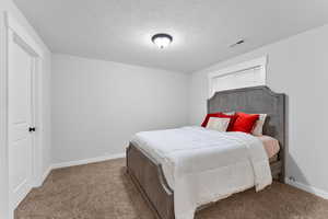 Carpeted bedroom featuring baseboards, a textured ceiling, and visible vents