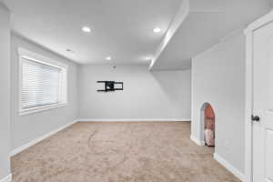 Basement with baseboards, carpet floors, visible vents, and recessed lighting