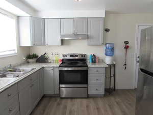 Kitchen with cabinets, under cabinet range hood, a sink, stainless steel appliances, and laminate floors.