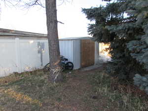 View of back yard with shed.