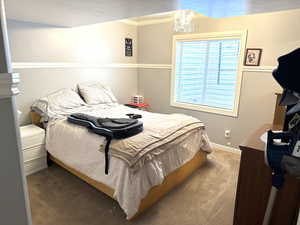 Carpeted bedroom featuring an inviting chandelier and baseboards