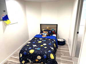 Storage/bonus room with baseboards and wood finished floors