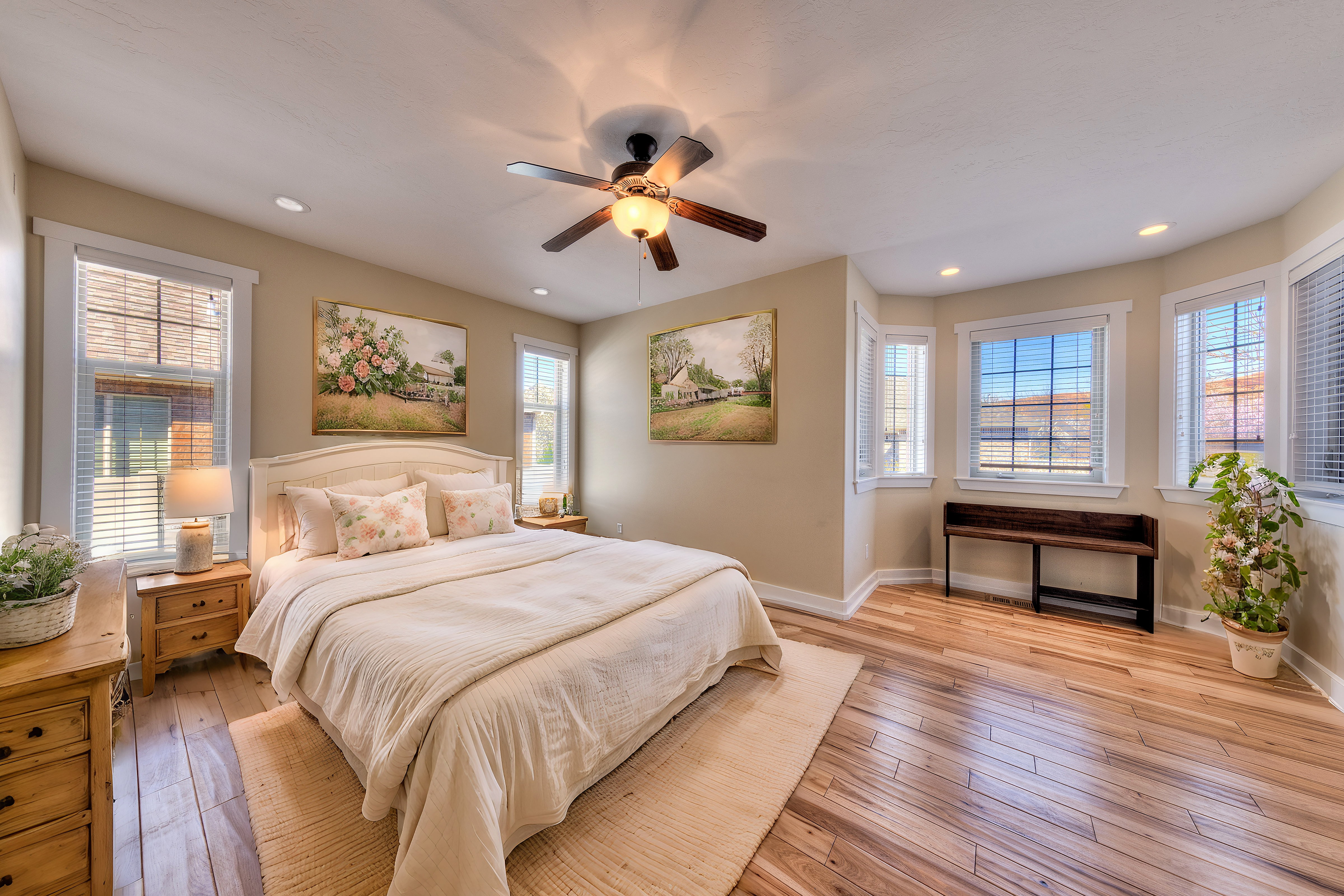 Bedroom with multiple windows, light wood-type flooring, and baseboards