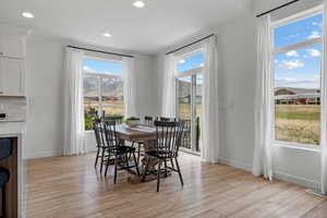 Dining area featuring baseboards, visible vents, light wood-style flooring, and recessed lighting