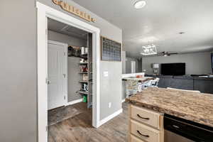 Kitchen featuring a ceiling fan, a textured ceiling, stainless steel dishwasher, light wood-style flooring, and baseboards