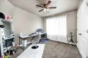 Office featuring baseboards, carpet flooring, visible vents, and a ceiling fan