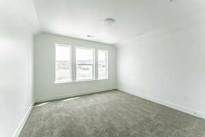 Unfurnished room featuring carpet flooring, a textured ceiling, and vaulted ceiling