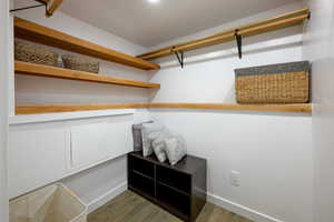 Walk in closet featuring dark wood-style floors