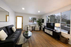 Living room featuring wood finished floors and recessed lighting