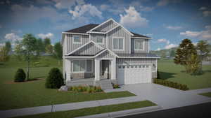 Craftsman house with driveway, stone siding, board and batten siding, a front lawn, and a garage
