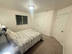 Bedroom featuring baseboards, a closet, light colored carpet, and a textured ceiling