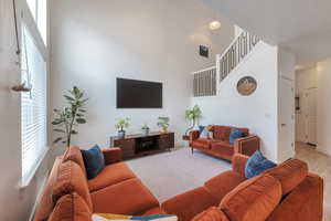 Living room featuring baseboards, wood finished floors, a high ceiling, and a wealth of natural light