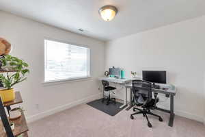 Carpeted home office with baseboards, visible vents, and a textured ceiling