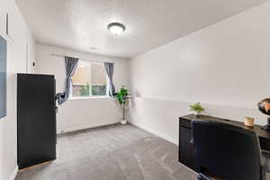 Carpeted home office with a textured ceiling, baseboards, and visible vents