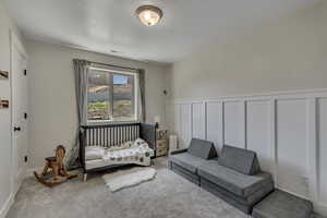Carpeted bedroom with visible vents, a textured ceiling, and a wainscoted wall