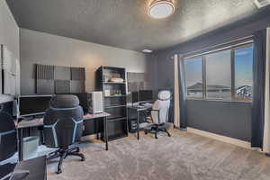 Carpeted office featuring visible vents, baseboards, and a textured ceiling