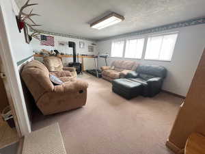 Living area featuring baseboards, a textured ceiling, a gas stove, and light carpet