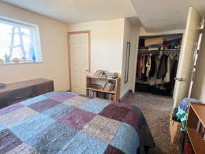 Bedroom with a closet, a textured ceiling, and carpet. Single door goes to a future bathroom area
