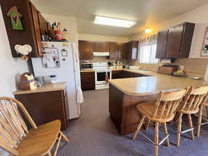 Kitchen with light countertops, a kitchen bar, a peninsula, under cabinet range hood, and white appliances