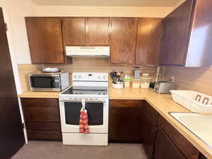 Kitchen with light countertops, tasteful backsplash, stainless steel microwave, under cabinet range hood, and white electric range