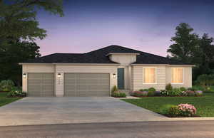 Ranch-style house in a cul-de-sac featuring a front yard, stucco siding, concrete driveway, and a 3-car garage