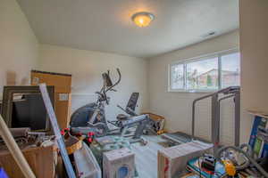 Workout room featuring visible vents, wood finished floors, and a textured ceiling