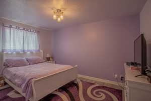 Bedroom featuring baseboards, wood finished floors, and a textured ceiling