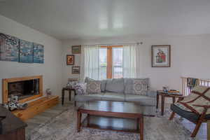 Living room featuring wood finished floors, a fireplace with raised hearth, and a textured ceiling