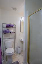 Bathroom featuring tile patterned floors, a shower stall, toilet, and visible vents
