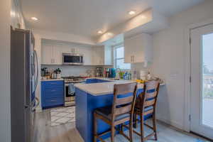 Kitchen featuring a sink, a kitchen bar, a peninsula, stainless steel appliances, and blue cabinetry