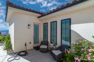 View of patio / terrace featuring a mountain view