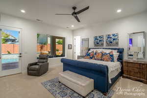 Bedroom featuring visible vents, carpet floors, recessed lighting, and access to outside