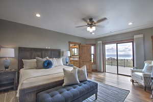 Bedroom featuring a ceiling fan, access to outside, baseboards, recessed lighting, and hardwood / wood-style floors