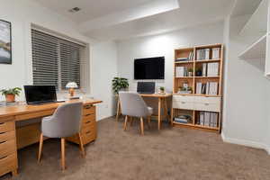 Carpeted home office with baseboards and visible vents