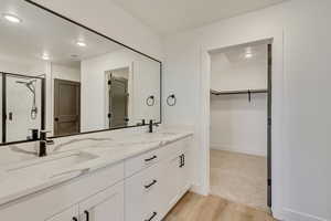 Bathroom with visible vents, wood finished floors, a sink, and double vanity
