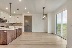Kitchen featuring tasteful backsplash, a sink, stainless steel appliances, light wood finished floors, and white cabinets