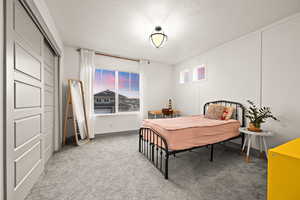 Bedroom featuring baseboards, carpet flooring, and a textured ceiling