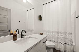 Full bathroom featuring lofted ceiling, toilet, vanity, and shower / bath combo