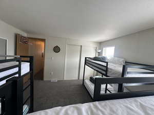Bedroom with a closet, carpet, and a textured ceiling