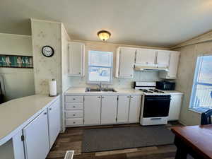 Kitchen with gas range gas stove, under cabinet range hood, dark wood finished floors, a sink, and black microwave