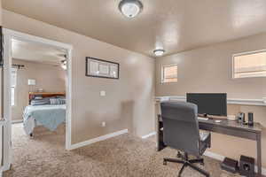 Carpeted office space with baseboards, ceiling fan, and a healthy amount of sunlight