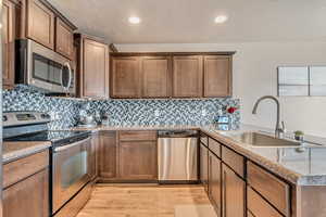 Kitchen with tasteful backsplash, stainless steel appliances, a sink, light wood-style floors, and a peninsula