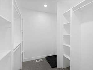Spacious closet featuring carpet floors and visible vents